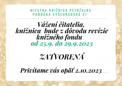 Knižnica Vyšehradská 27 z dôvodu revízie knižničného fondu od 25.- 29.9.2023 zatvorená