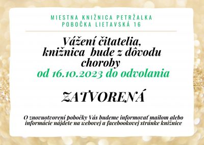 Knižnica Lietavská 16 z dôvodu choroby zatvorená