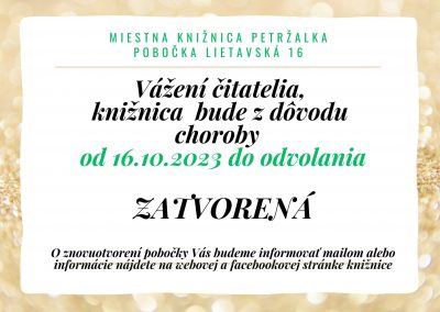 Knižnica Lietavská 16 z dôvodu choroby zatvorená