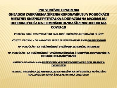 Preventívne opatrenia ohľadom zabránenia šírenia koronavírusu v pobočkách Miestnej knižnice Petržalka
