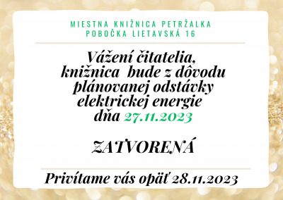 Knižnica Lietavská 16, z dôvodu plánovanej odstávky elektrickej energie 27.11.2023 zatvorená