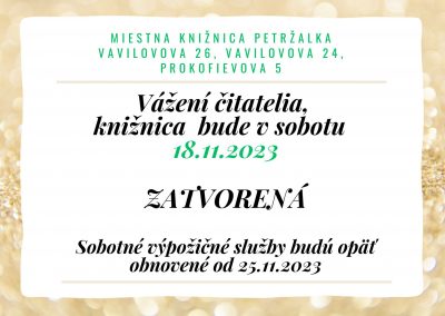 Knižnica v sobotu 18.11.2023 zatvorená