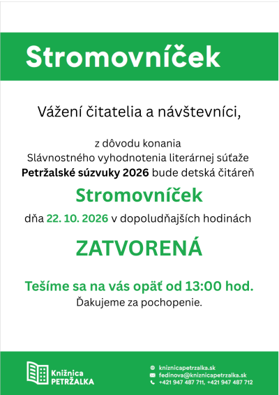 Oznam pre čitateľov a návštevníkov detskej čitárne Stromovníček